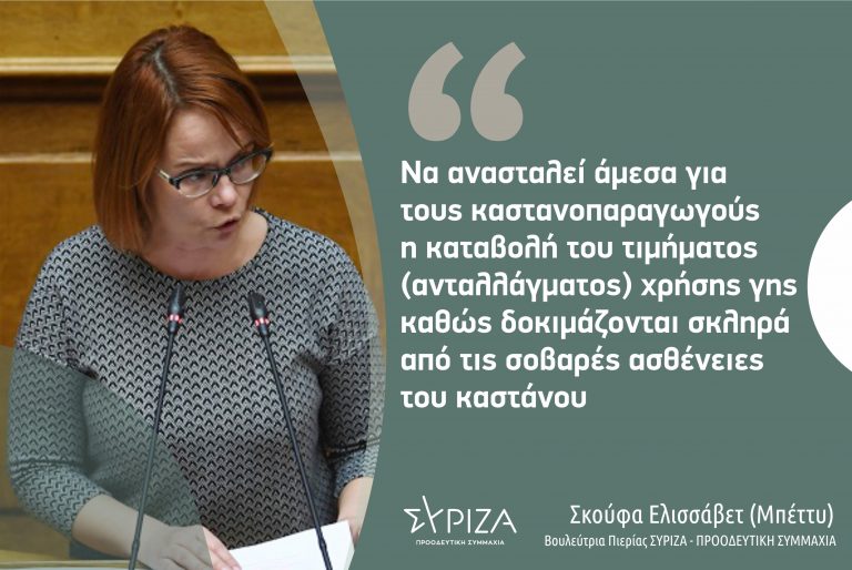 Ε. Σκούφα: «Να ανασταλεί άμεσα για τους καστανοπαραγωγούς η καταβολή του τιμήματος (ανταλλάγματος) χρήσης γης καθώς δοκιμάζονται σκληρά από τις σοβαρές ασθένειες του καστάνου