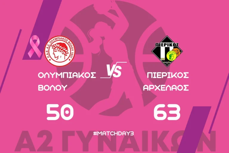 Α2 Εθνική Κατηγορία Γυναικών (3η αγωνιστική): ΑΣ Ολυμπιακός Βόλου - ΣΦΚ Πιερικός Αρχέλαος 50-63